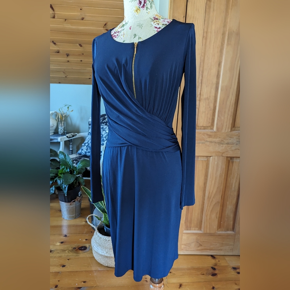 Anne Klein Navy Blue Long Sleeve Faux-Wrap Midi Dress
